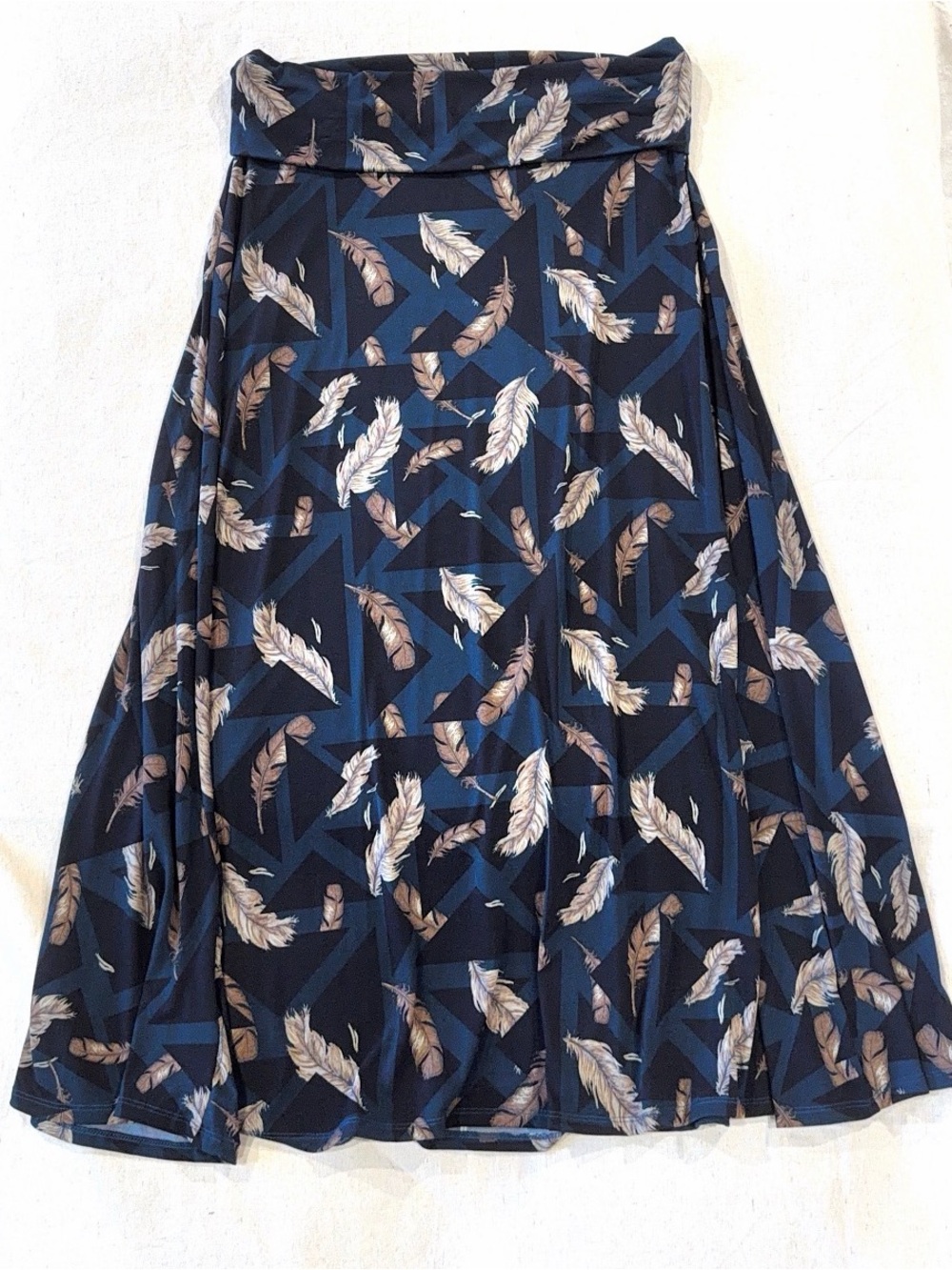 LuLaRoe Navy Feather Print A-Line Skirt with Tan Feathers (F4)